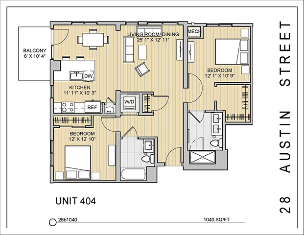 2 Bed 2 Bath 28b1040 1,040 Sq.Ft. Floor Plan at 28 Austin St, Newton, Massachusetts
